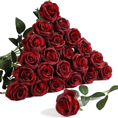 Nubry 24pcs Artificial Silk Roses Bulk,Fake Roses Flower with Stems Realistic Flowers for Wedding Centerpiece Home Party Decor(Burgundy)
