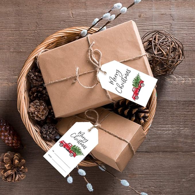 Andaz Press Holiday Season Classic Gift Tag, Merry Christmas to from Classic Favor Tags, Vintage Truck with Christmas Tree Design, Red Truck Gift Tags, Christmas Truck Gift Tags, 60-Pack