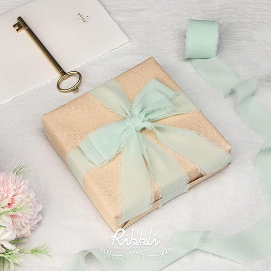 Ribbli Mint Green Chiffon Ribbon 1-1/2 inch x 20 Yard Handmade Fringe Chiffon Silk Ribbon, Mint for Wedding Invitations, Bridal Bouquets Wrapping, Flower Arrangement Decoration