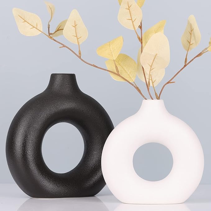 Black and White Vase Decor Donut Vase Set of 2 - Circle Hollow Vases, Modern Matte Ceramic Vases for Entryway Living Room Bedroom Dining Table Centerpiece Office Home Decor