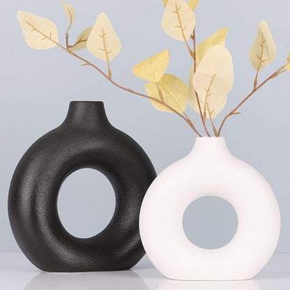 Black and White Vase Decor Donut Vase Set of 2 - Circle Hollow Vases, Modern Matte Ceramic Vases for Entryway Living Room Bedroom Dining Table Centerpiece Office Home Decor