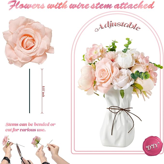 Artificial Flowers, Fake Peony Flower Combo Box Set, Silk Flowers with Wire Stem for DIY Wedding Bridal Bouquet Shower Party Home Décor (Pink)
