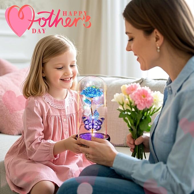 Pusuny Christmas Rose Gifts for Women Galaxy Glass Rose Forever Eternal Crystal Flower Birthday Gift Light Up Roses in Glass Dome with Butterfly Xmas Gifts for Women Mom Grandma Wife Her Sister Blue