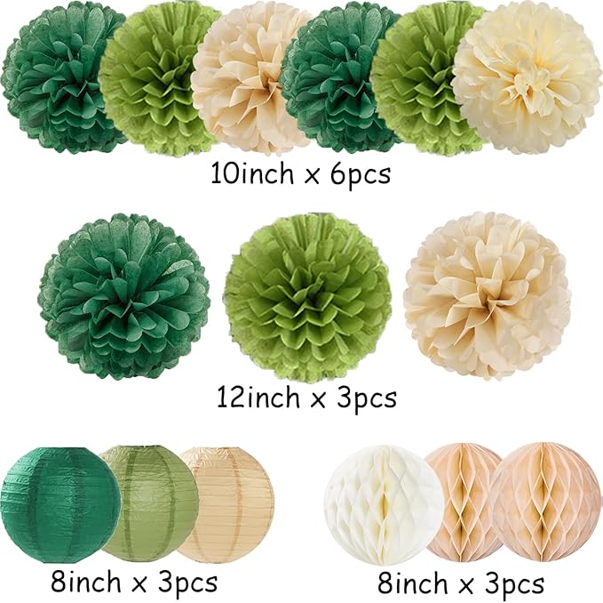 Sage Green Paper Flowers Tissue Pom Poms Honeycomb Lanterns 15pcs Party Decorations Boho Birthday Wedding Baby Bridal Shower Neutral Bachelorette Graduation Safari Hanging Supplies Mprocherify