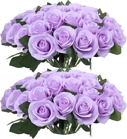52pcs Lavender Roses Artificial Flowers Fake Flowers Silk Roses with Stems for DIY Wedding Bouquets Bridal Shower Centerpieces Arrangements Party Decorations