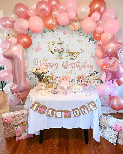 Mocsicka Tea Party Happy Birthday Backdrop Floral Dessert Tea Party Birthday Decorations Let's Partea Women Tea for Two Birthday Party Photo Props(7x5ft)