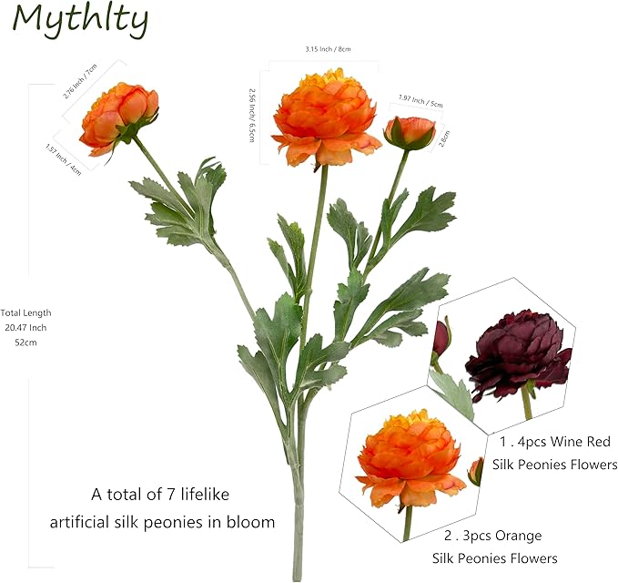 7pcs Silk Peonies Artificial Flowers, Faux Orange and Burgundy Peonies Mixed for Vase, Fake Flower Stems Arrangement for Home Kithcen Dining Table Centerpieces, Farmhouse Office Decoration