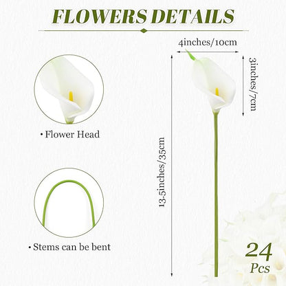 24 Pcs White Artificial Flowers Fake White Calla Lily Silk Flower Real Touch for Wedding Office Home Kitchen Decor