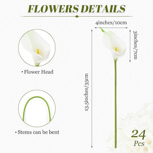 24 Pcs White Artificial Flowers Fake White Calla Lily Silk Flower Real Touch for Wedding Office Home Kitchen Decor