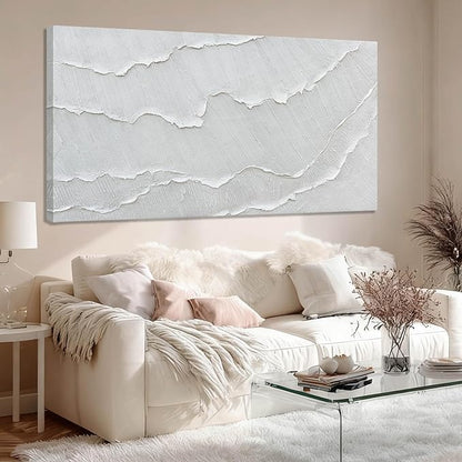 WINKAILIN White Abstract Textured Wall Art Modern 24x48 inch Canvas Ocean Wave Artwork Minimalist Hand-drawn Painting Contemporary White Posters Print for Living Room Bedroom Office Décor