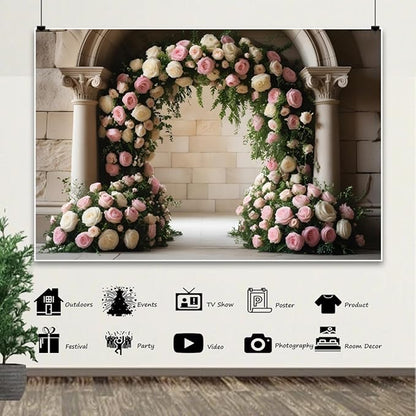 7x5ft Retro White Pink Floral Backdrop Spring Flowers Arch Vintage Palace Wall Photography Background for Wedding Mothers Day Valentines Day Bridal Birthday Princess Couples Portraits