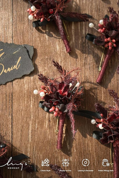 Ling's Moment Boutonniere for Men, 10pcs Groomsmen Guest Boutonniere, Artificial Flowers for Wedding Décor/Prom/Homecoming,etc.Black Gothic Burgundy