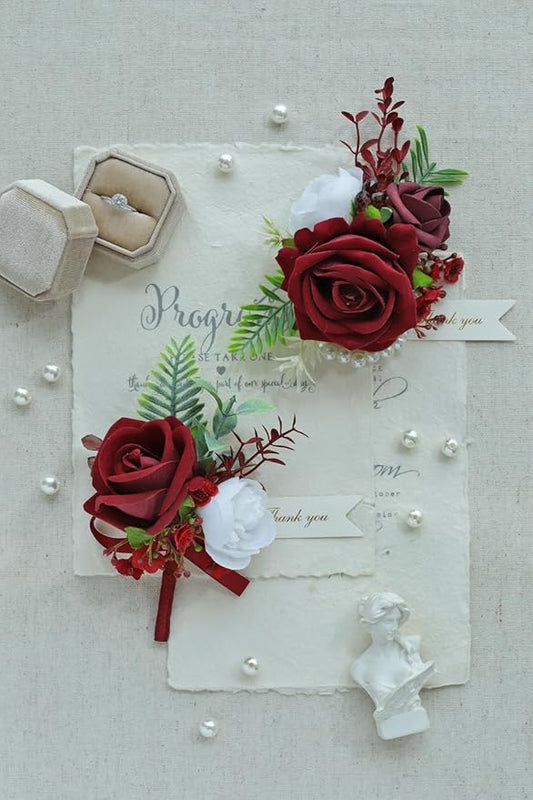 Red Corsage and Boutonniere Set, Prom Wedding Homecoming Wrist Corsage Wristlet and Boutonniere Set for Grooms Groomsmen Guest Bridal Bridesmaid Artificial Flower Suit Decoration