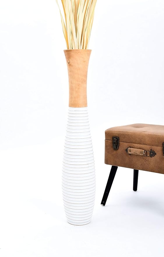 Leewadee Large Floor Vase – Handmade Flower Holder Made of Wood, Sophisticated Vessel for Decorative Branches and Dried Flowers, 36 inches, Ecru White