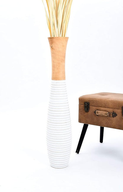 Leewadee Large Floor Vase – Handmade Flower Holder Made of Wood, Sophisticated Vessel for Decorative Branches and Dried Flowers, 36 inches, Ecru White