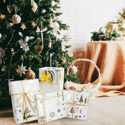 KIMOBER 4 Rolls Christmas Wrapping Paper,White Paper with Golden Metallic foil Shine Xmas Elements and Cut Lines on Reverse(30in × 144in Per Roll)