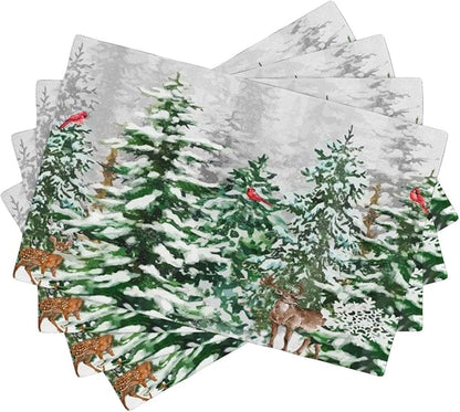 Winter Snowy Forest Placemats Christmas Pine Tree Snowflake Holiday Bath Rustic Christmas Tree Placemats Table Kitchen Dining Party 12x18 Inch Set of 6