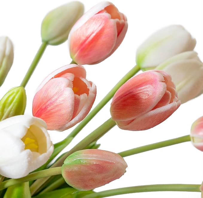 40pcs Artificial Tulips Flowers, Real Touch Latex Bouquet, Fake Tulips for Office Wedding Party Home Kitchen Garden Decoration-B Coral Pink Suit