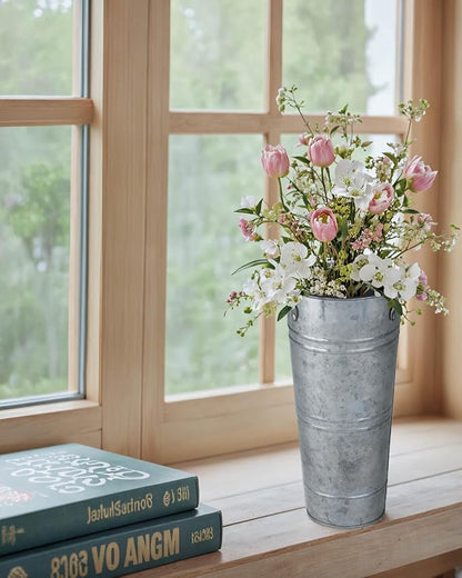 9 Inch Galvanized Metal Vases for Flowers - 6 Pcs Farmhouse Decorative Tall Flower Bucket with Handles, Rustic French Tin Planter Buckets for Wedding Decor (Silver)