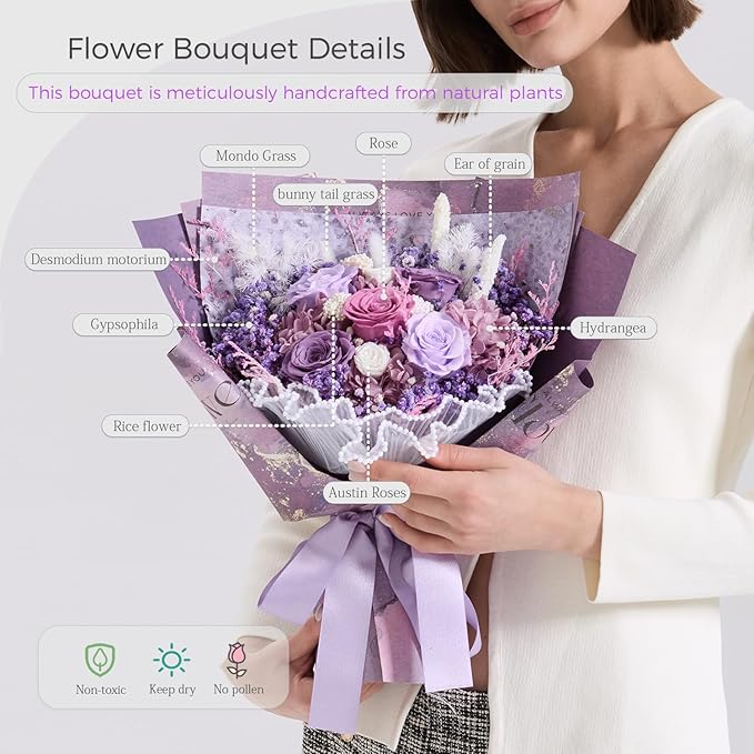 large Preserved flowers Bouquet with Real Roses,Long Lasting flower for delivery prime,Birthday for Women,Wedding,Mother’s Day,Valentine’s Day,Anniversary,Wife,Girlfriend,Christmas Gifts(Purple)