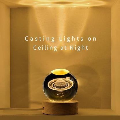 3D Saturn Crystal Ball with LED Stand, 60mm Glass Sphere Decorative Balls Lamp, Space Planet Model Galaxy Night Light Gifts for Women Kids