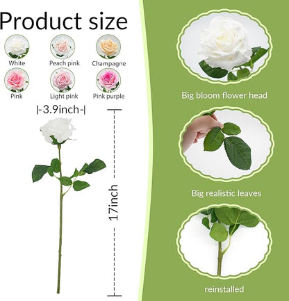 6 Pcs Silk Real Touch Latex Roses, Artificial Single Stem Big Bloom Faux Roses for Home Party Office Wedding Indoor Decor, Floral Arrangements, Table Centerpieces