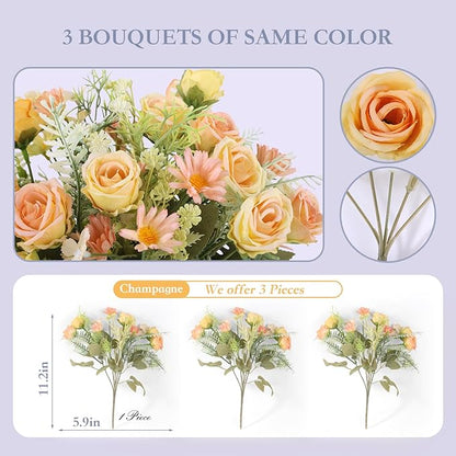 3 Pcs Artificial Rose Flowers Fake Flowers Bouquet Faux Flower Arrangement for Wedding Home Centerpieces Decor(Champagne)