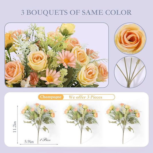 3 Pcs Artificial Rose Flowers Fake Flowers Bouquet Faux Flower Arrangement for Wedding Home Centerpieces Decor(Champagne)