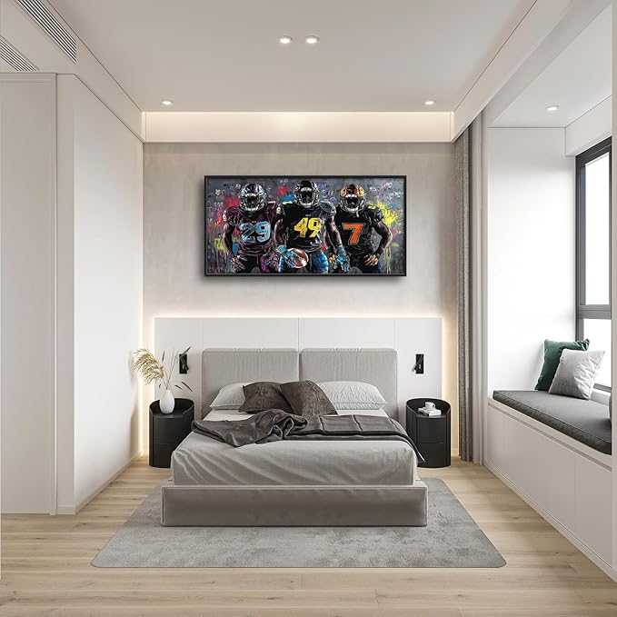 Large Football Wall Art for Living Room, Framed Oversized Graffiti Sport Wall Decor Cool Canvas Painting Pictures for Men Modern Artwork for Living Room Bathroom Bedroom Office Dining Room 60"x30"