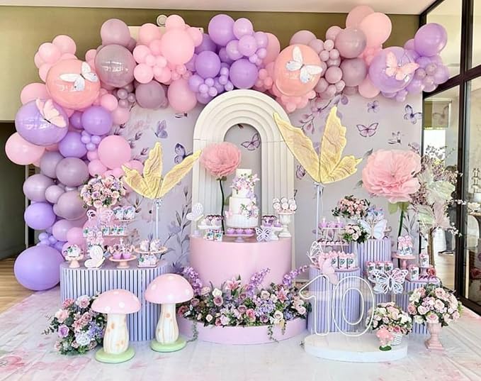KONPON Purple Butterfly Arched Backdrop Fabric Cover Spring Arch Cover for Girls Birthday Baby Shower Decoration Supplies (No Stand!)