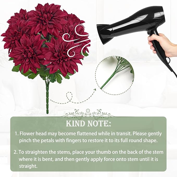 Hollyone Dark Red Artificial Dahlia Flowers Bush 7 Heads Silk Fake Dahlias Flowers with Stems Wedding Bouquets Faux Dahlia Flowers Arrangements for Outdoor Indoor DIY Table Centerpieces Home Decor