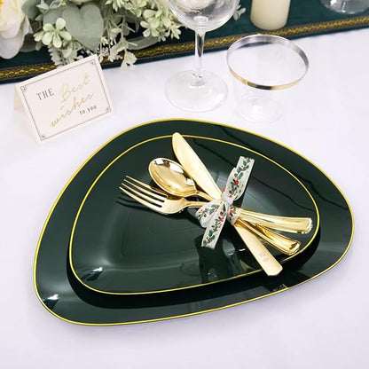 DaYammi 180Pcs Green Plastic Plates, Green Gold Disposable Plates with Gold Silverware Dinnerware Set Include: 30 Dinner Plate,30 Dessert Plate,90 Plastic Cutlery,30 Cups for Christmas Party Holiday