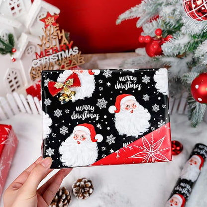 MAYPLUSS Christmas Wrapping Paper Roll - 17 Inch X 33 Feet - Merry Christmas Santa Claus Reversible Snowflake Gift Wrapping Paper, Thick Wrap Paper for Holiday Party New Year Kids