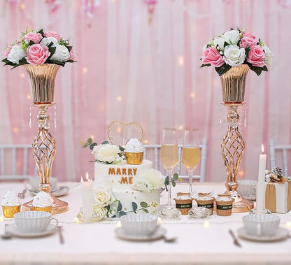 2 Pcs Beaded Crystal Gold Trumpet Vase, Elegant Metal Floral Centerpiece, Perfect for Wedding Banquets, Birthdays, Anniversaries, Holiday Parties and Other Important Event Centerpieces(20.2")