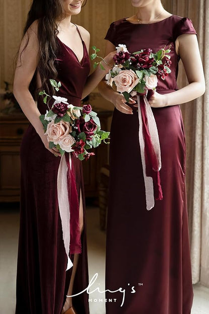Ling's moment Artificial Flowers Red Bridesmaid Bouquet Set of 6, Red & Blush Wedding Flowers Bouquets for Bridesmaids, 7 Inch Bridal Bouquets for Bridesmaids, Wedding Decor, Anniversary, etc