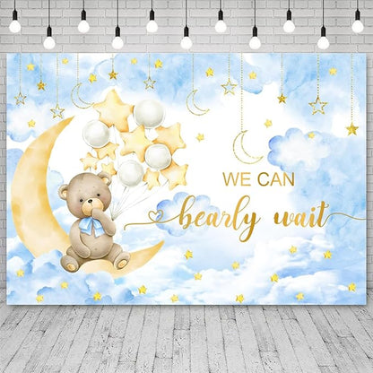 12x8ft Baby Shower Backdrop We Can Bearly Wait Photography Background Bear White Balloons Blue Clouds Moon Stars Cartoon Banner Decorations Birthday Party Newborn Portrait Photo Booth Prop