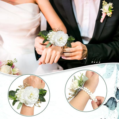 Corsage Wristlet Band Artificial Rose Flowers - 2 Pack Wedding Bridal Flower Corsage Hand Decor