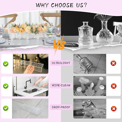 PaulTellie Acrylic Flower Vase Rectangular 4 Pack - Clear Floral Centerpiece for Dining Table Each 14 Inches, Connect to Form 56 Inches Long Rectangle Acrylic Vase for Home Wedding Dining Table Decor