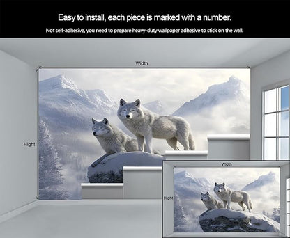 Arctic Wolves Wall Mural, Snow Wolves in Mountain 3D Wall Murals, Winter Wild Animal Wallpaper Mural, for Living Room Bedroom Large Wallpaper Indoor Decor 177.16" W x120 H