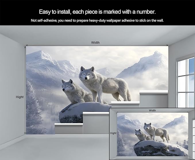 Arctic Wolves Wall Mural, Snow Wolves in Mountain 3D Wall Murals, Winter Wild Animal Wallpaper Mural, for Living Room Bedroom Large Wallpaper Indoor Decor 78.7" W x55.1 H