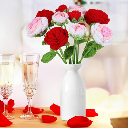 YoungJoy 12 Pcs Crochet Rose Handmade Knitted Flowers Tulip Sunflower Daisy Heart Artificial Knitted Floral Mother Day Graduation Home Decor(Mixed Red Pink Rose)