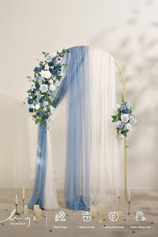 Ling's moment Wedding Arch Backdrop Stand with Flowers - 7.2FT Metal Arch Frame with Drapes for Ceremony Decor - Artificial Floral for Birthday Party, Bridal Shower, Spring Outdoor, Dusty Blue Navy