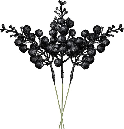Lvydec 16pcs Christmas Glitter Berry Stems, 7.8" Artificial Christmas Picks for Christmas Tree Ornaments, DIY Xmas Wreath, Crafts, Holiday and Home Decor (Black)