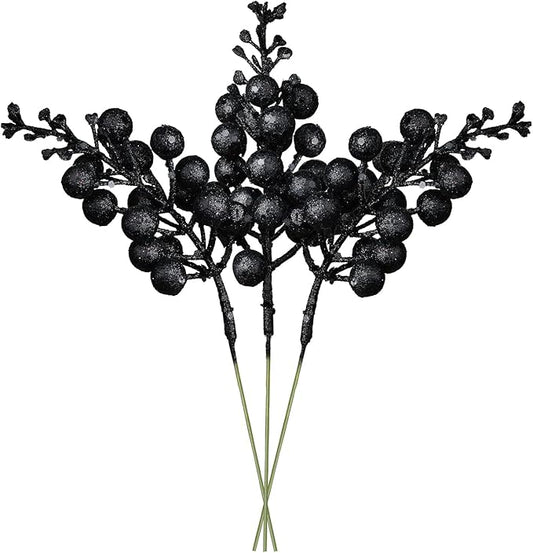 Lvydec 16pcs Christmas Glitter Berry Stems, 7.8" Artificial Christmas Picks for Christmas Tree Ornaments, DIY Xmas Wreath, Crafts, Holiday and Home Decor (Black)