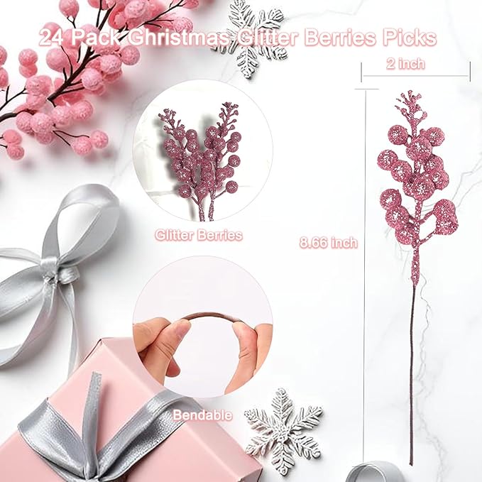 24 Pack Christmas Glitter Berries Stems Clearance, 8.66 Inch Artificial Berries Christmas Picks for Christma Tree Ornaments, DIY Xmas Wreath, Crafts, Holiday and Home Decor, Pink