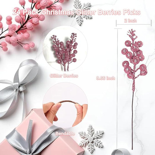 24 Pack Christmas Glitter Berries Stems Clearance, 8.66 Inch Artificial Berries Christmas Picks for Christma Tree Ornaments, DIY Xmas Wreath, Crafts, Holiday and Home Decor, Pink