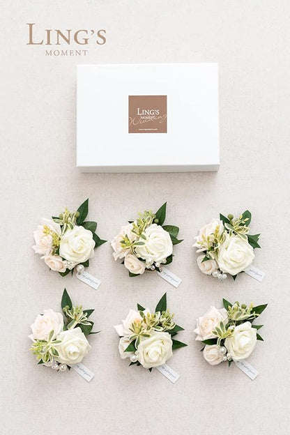Ling's moment 6pcs Wedding Wrist Corsage Artificial Flowers, Girl/Mother Homecoming Prom Corsages Wristlet Décor, etc. White Ivory