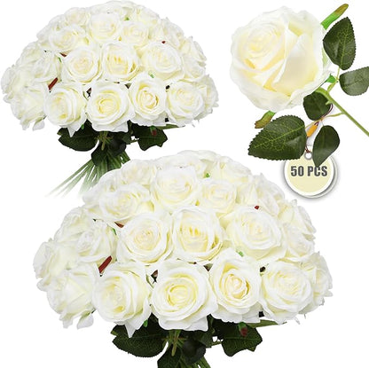 50PCS Artificial Silk Roses Flowers – Realistic Fake Roses in Bulk & Bouquet Long Stem White Rose for Wedding Centerpieces, Home Decor, Floral Arrangements, Party Decoration (White)