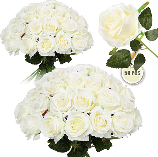 50PCS Artificial Silk Roses Flowers – Realistic Fake Roses in Bulk & Bouquet Long Stem White Rose for Wedding Centerpieces, Home Decor, Floral Arrangements, Party Decoration (White)