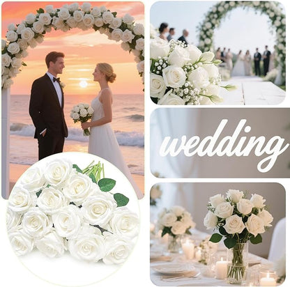 White Roses Artificial Flowers 15 PCS, Fake Roses Silk Flowers with Long Stems, Faux Rose for Wedding Centerpieces, Home Decor, Indoor Floral Arrangements, Party Decor, DIY Bouquet (White)
